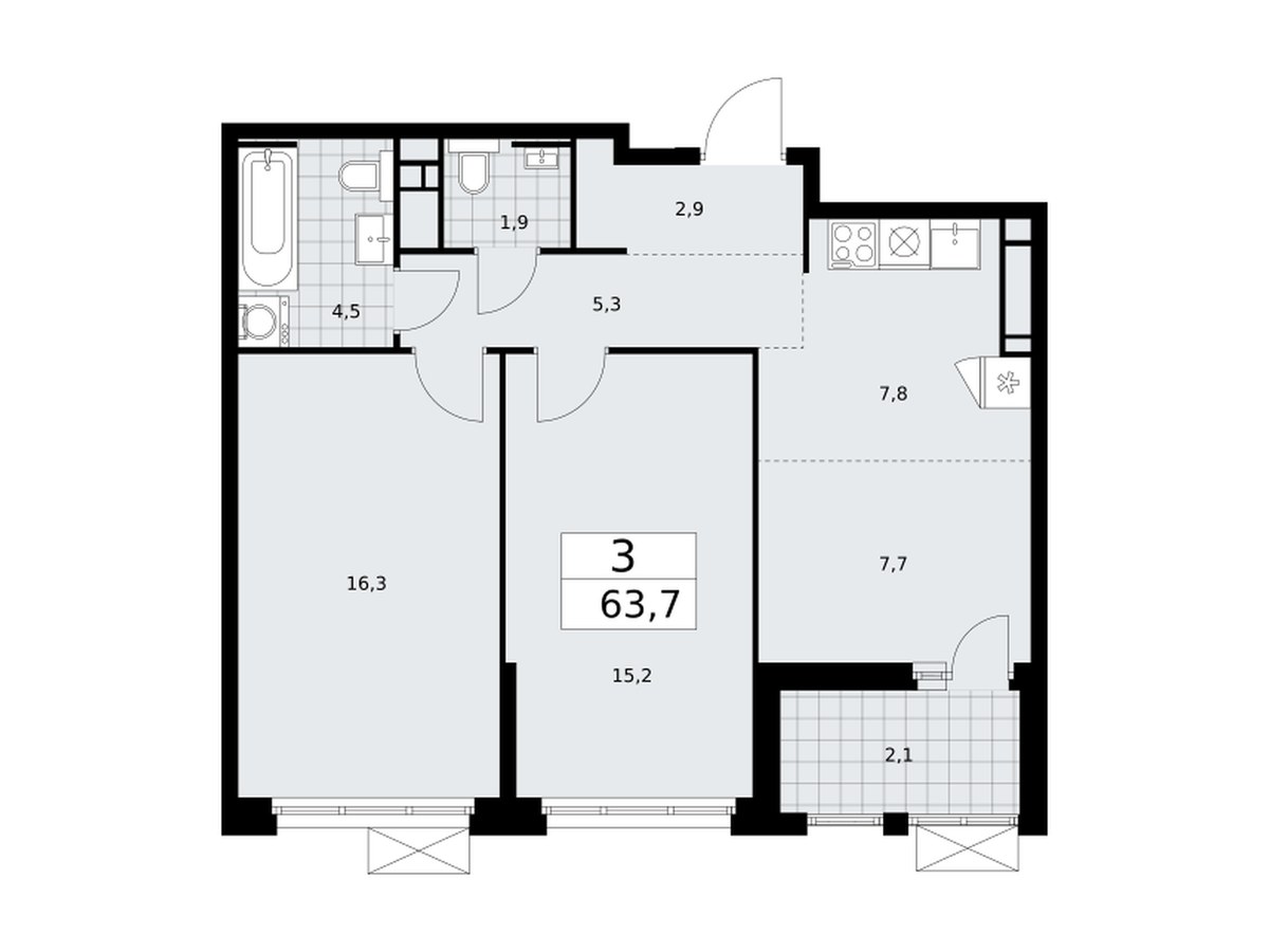 Планировка: 3-комнатная квартира 63,7 м², ЖК Скандинавия, корпус 25.6