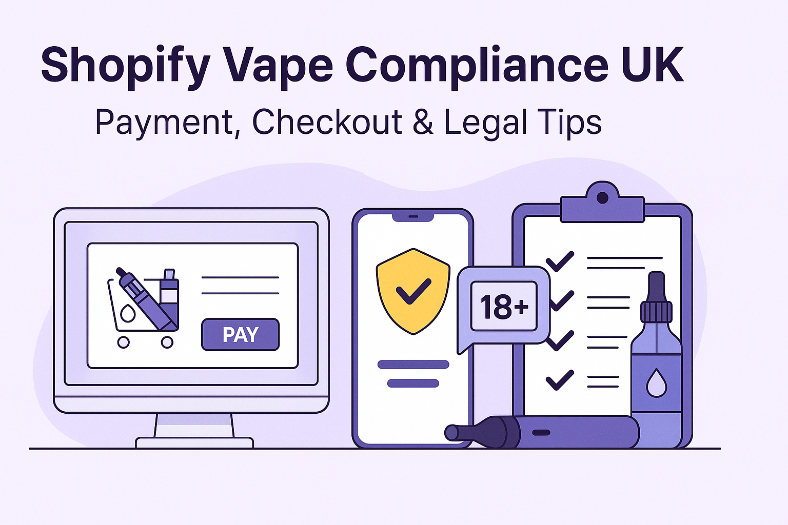 Illustration of a vape merchant setting up a compliant Shopify store in the UK, featuring age verification, legal pages, and Pay by Bank integration.