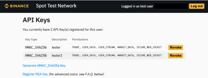 Binance Testnet login: API Keys Generation