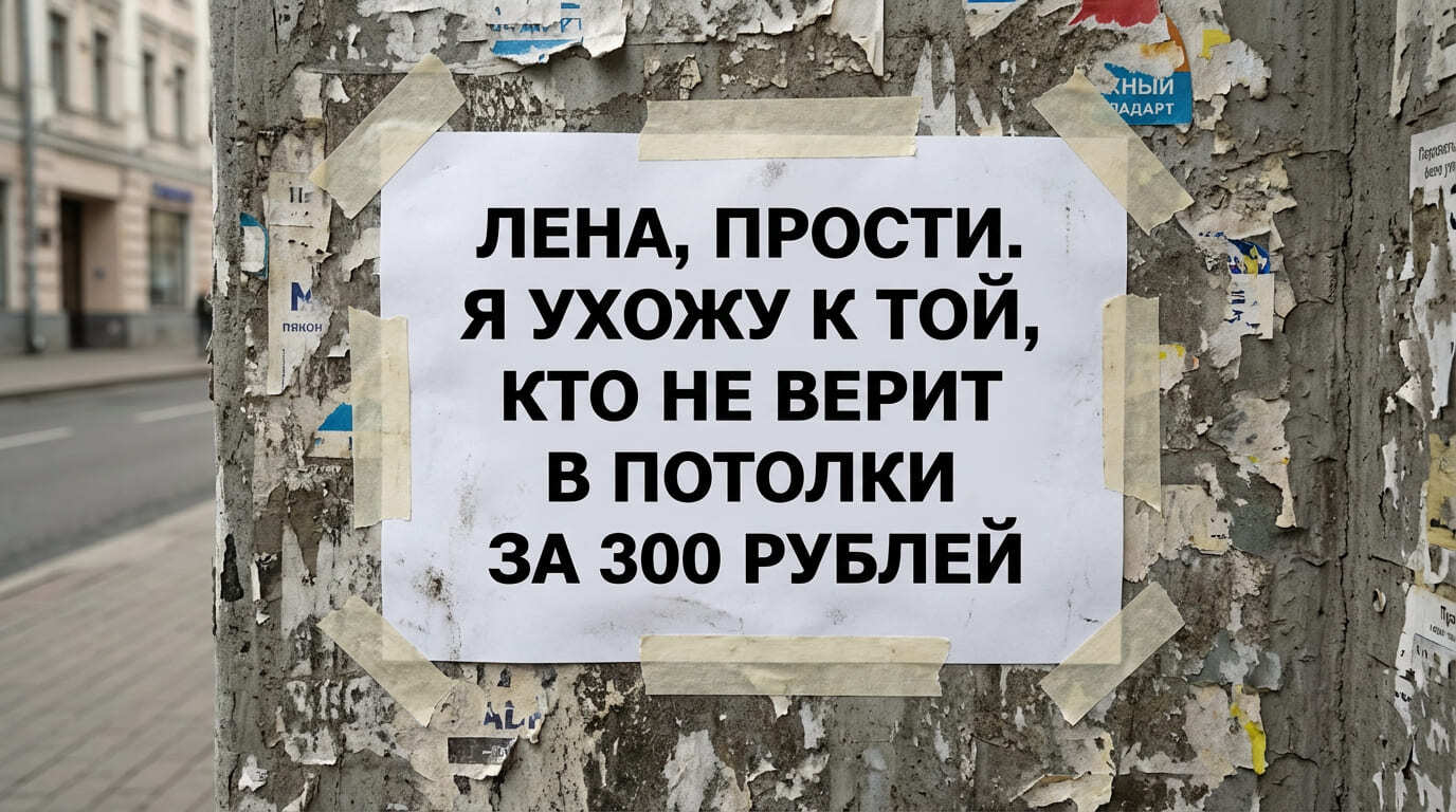 Юмор про маркетинг: объявление о разрыве отношений из-за веры в дешевые натяжные потолки за 300 рублей