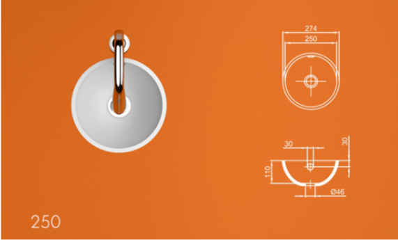 Раковина 250 из акрилового камня, размеры: ширина 250 мм, глубина 274 мм, высота борта 110 мм. Круглая форма, схема параметров и монтажа