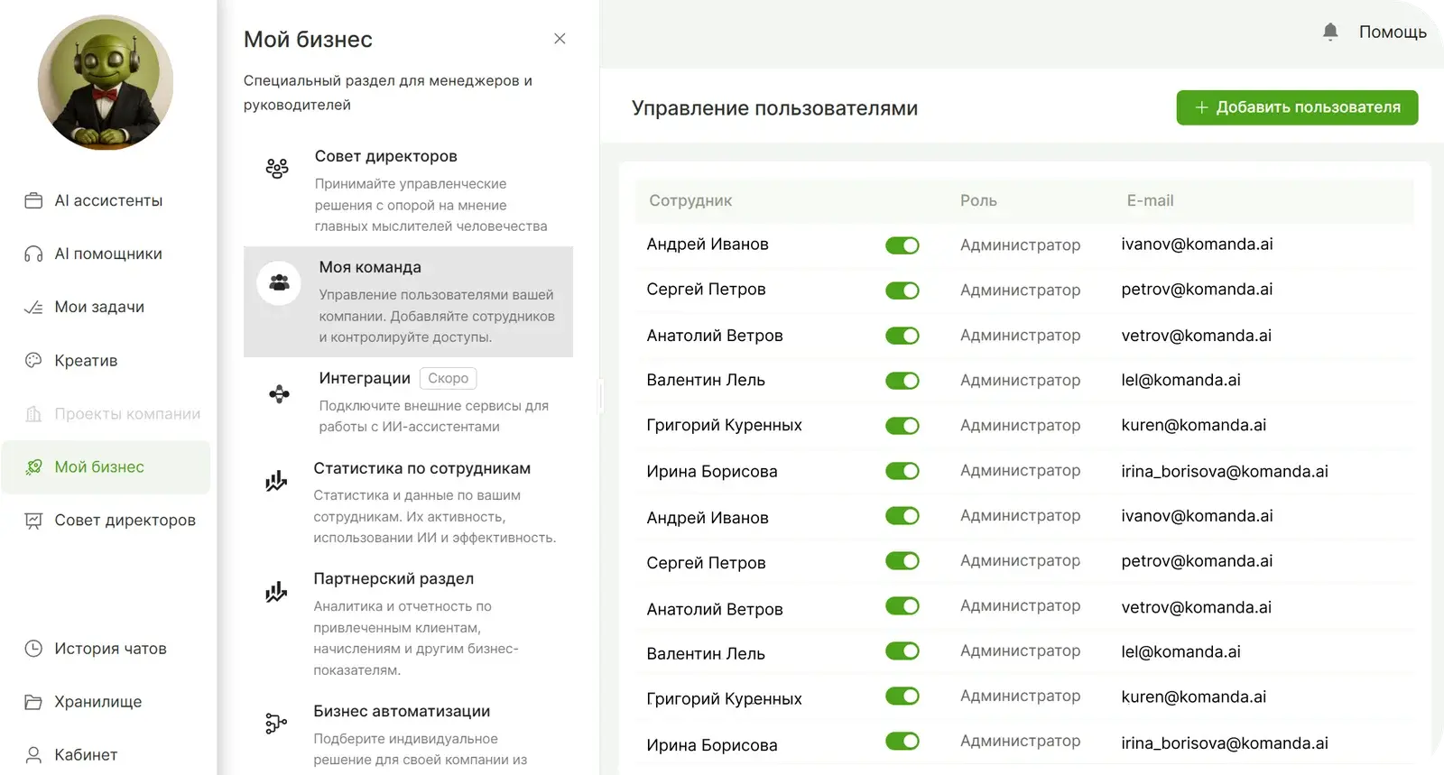 Кабинет руководителя Komanda.ai: управление пользователями, ролями и доступами