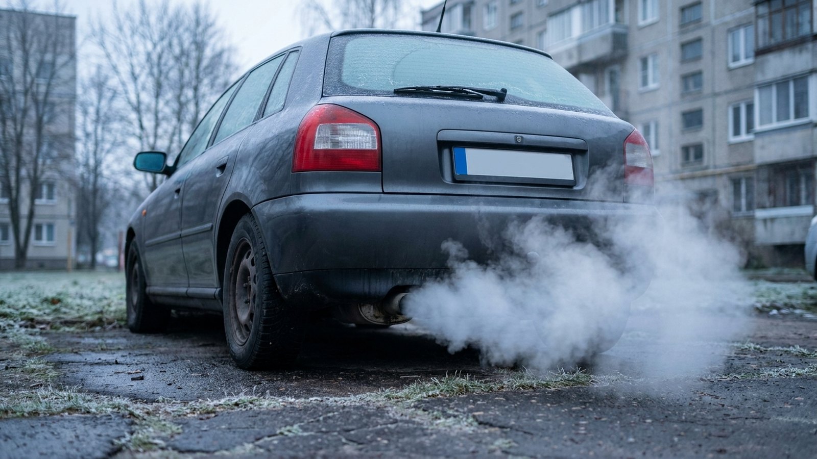 Густой белый дым из выхлопной трубы автомобиля холодным утром