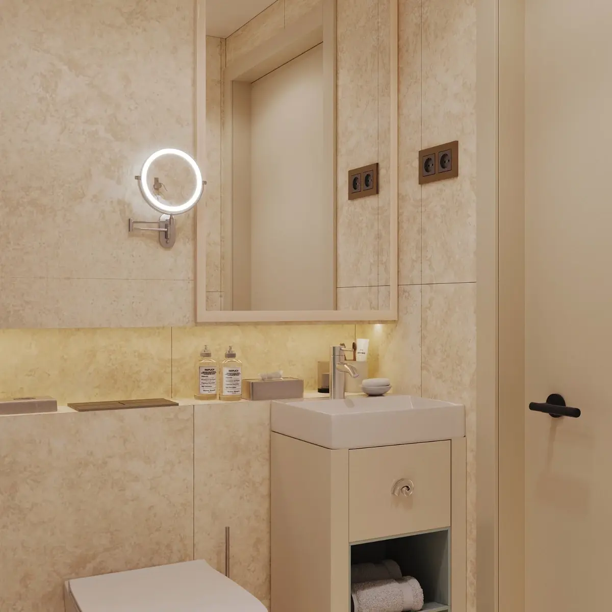 Визуализация VOLNA Resort: раковина, зеркало и подсвеченная ниша в ванной