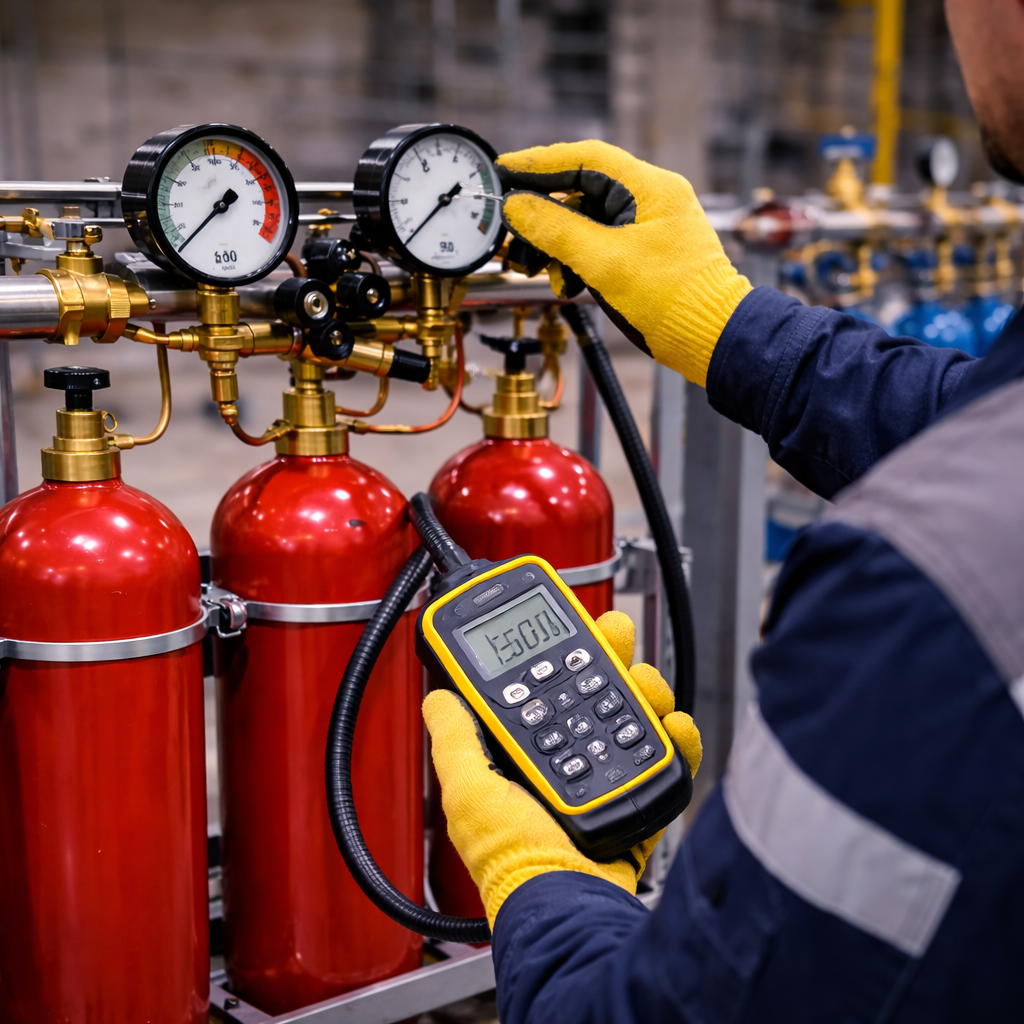 Специалист в защитных перчатках выполняет калибровку манометров газовой рампы с красными баллонами и распределительным коллектором в промышленном помещении.