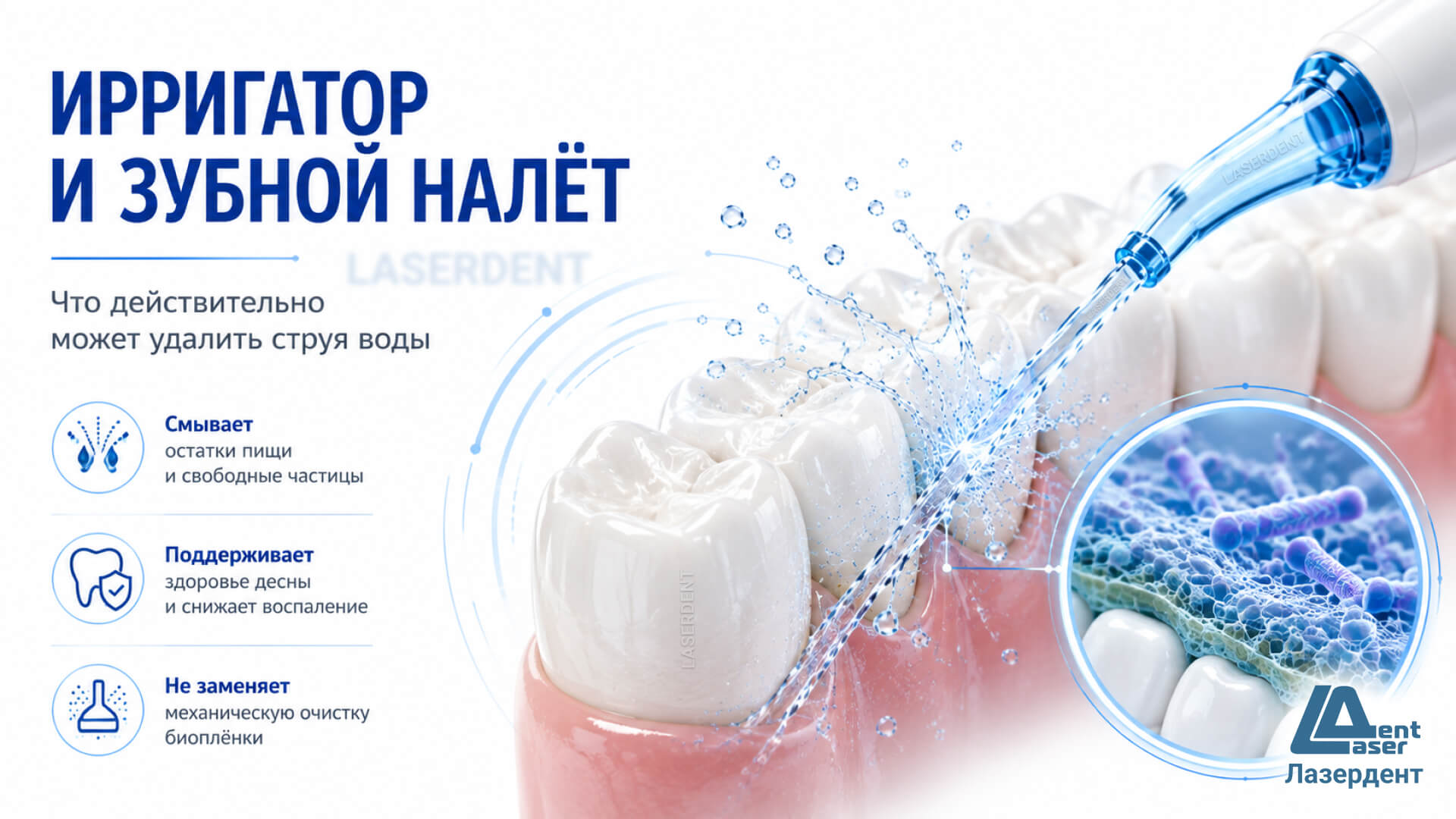 Ирригатор для зубов и удаление зубного налёта — чистка межзубных промежутков домашняя и профессиональная гигиена полости рта в стоматологии Лазердент Хабаровск