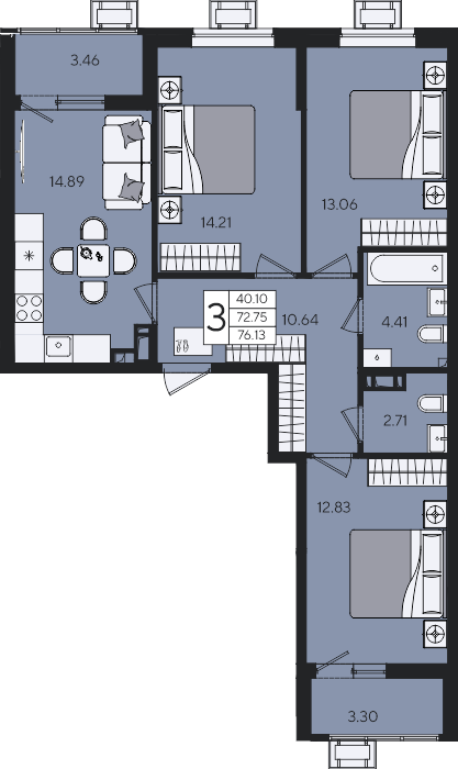 3-комнатная 76,13 м²