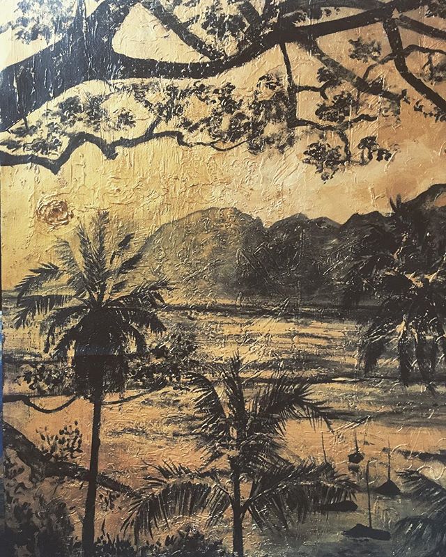 Island forms dissolving into gold and dark pigment