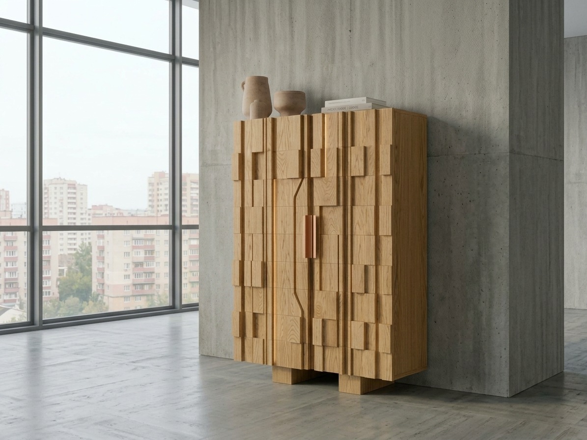 Дневной ракурс креденцы с геометричной фрезеровкой фасада