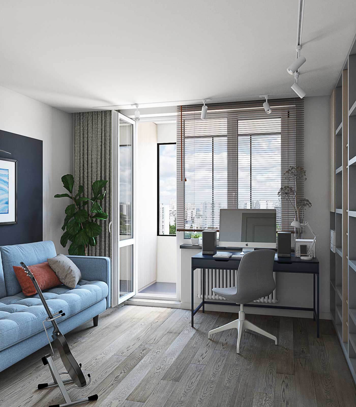 Рабочее место в кабинете. Жалюзи в комнате. Голубой диван в кабинете.