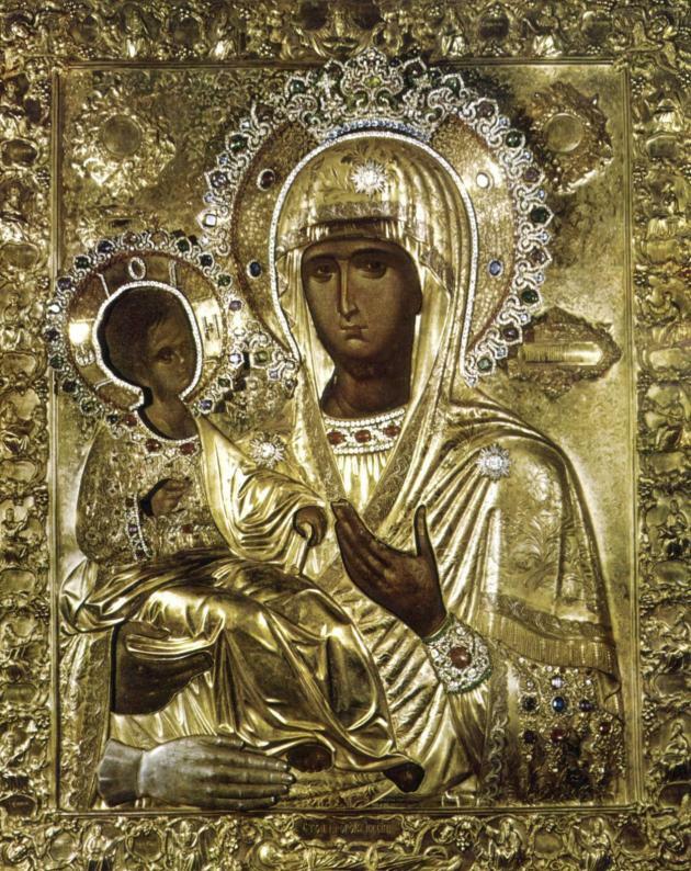 Икона Божией Матери «Троеручица» в окладе. Хиландар