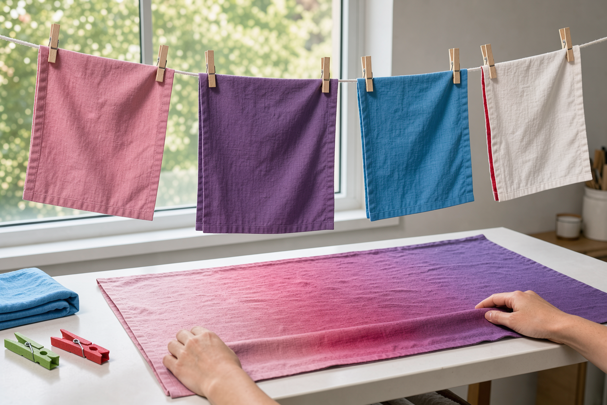 Linen pieces drying on a clothesline indoors near a window, laid out and gently smoothed to prevent creases, visible linen texture, no advertising