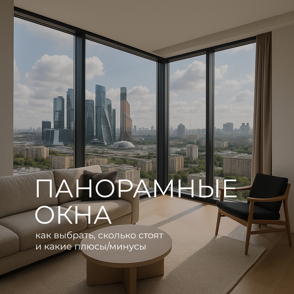 Панорамные окна в светлой современной квартире с видом на Москва-Сити, интерьер в минималистичном стиле, дневной свет и городской пейзаж.