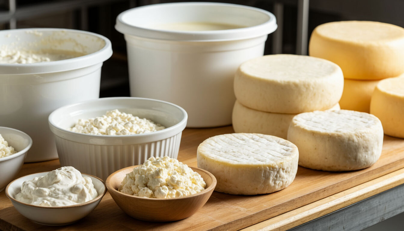 Крупный план этапов производства сыра: молоко, бактериальные закваски, сырный сгусток и готовые головки сыра на деревянной доске.