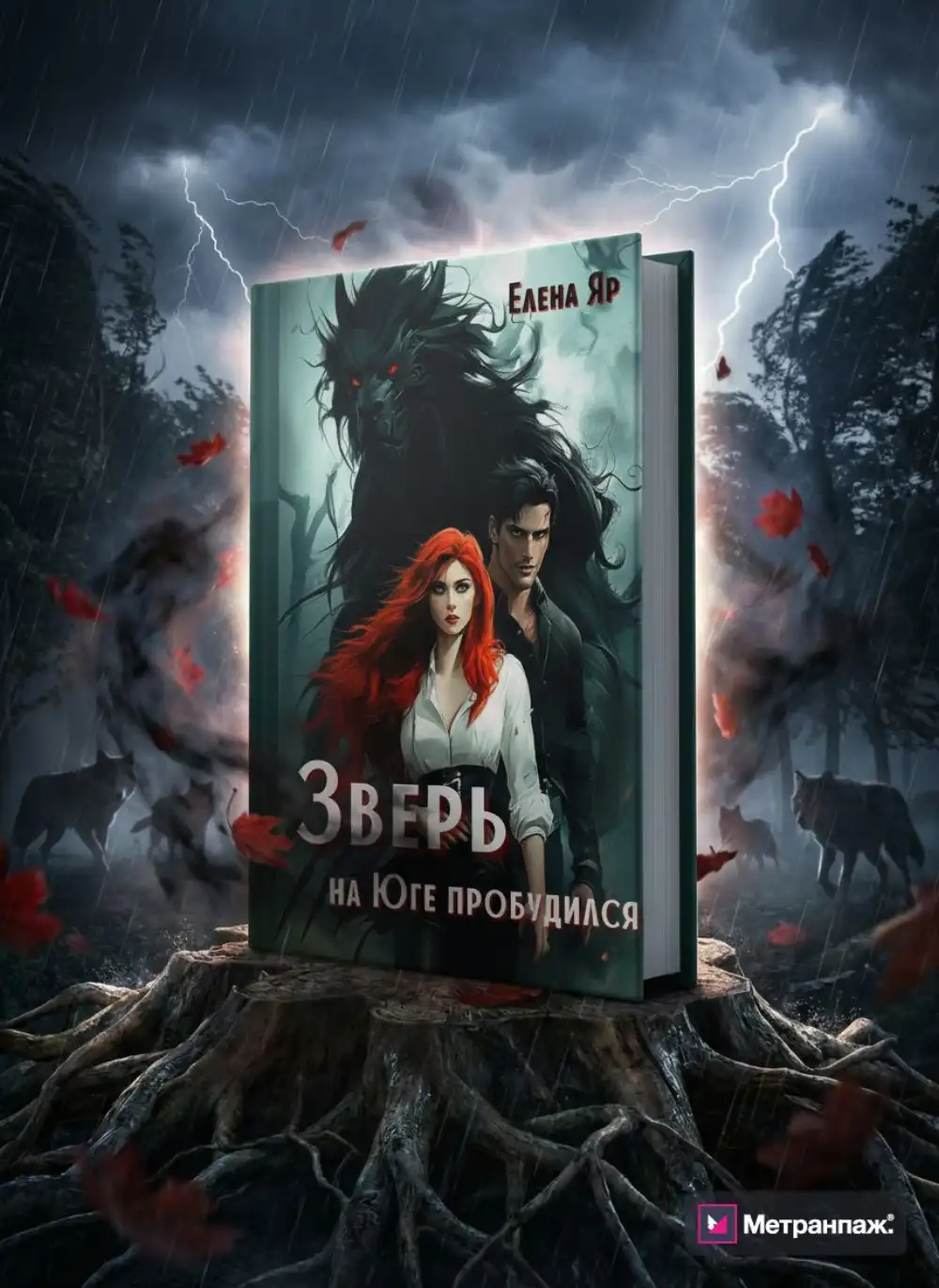 Мокап книги в тёмном лесу во время грозы