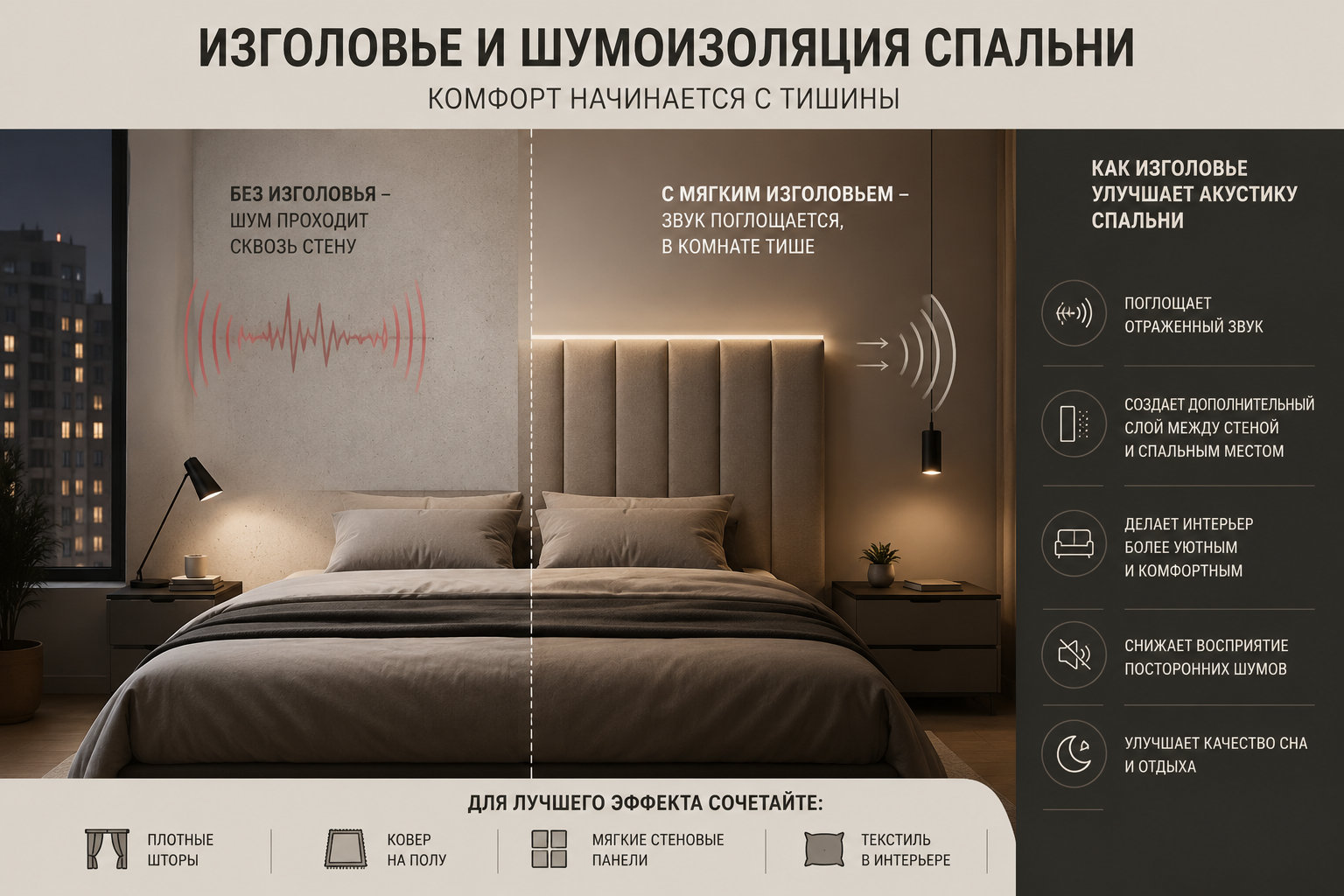 Мягкое изголовье кровати для шумоизоляции спальни — влияние изголовья на акустический комфорт снижение отражения звука и создание уютного интерьера.
