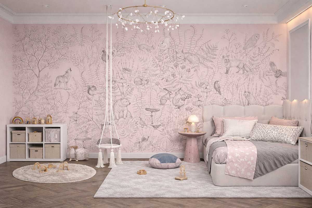 Фотообои «Лесные истории» в пудровом оттенке в детской комнате с кроватью