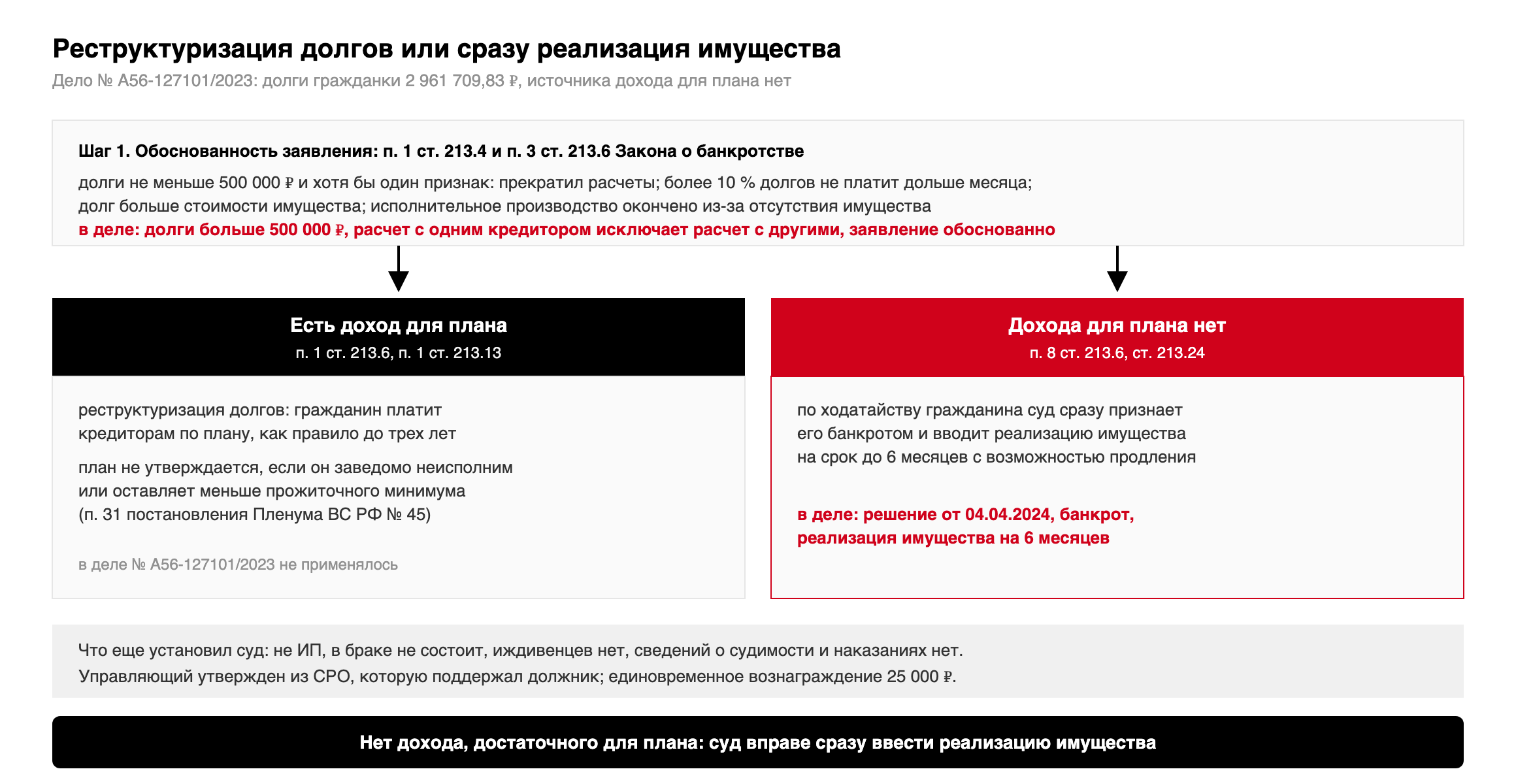 Схема: шаг 1, обоснованность заявления по ст. 213.4 и п. 3 ст. 213.6; шаг 2, есть доход для плана, реструктуризация, или дохода нет, реализация имущества по п. 8 ст. 213.6; в деле № А56-127101/2023 введена реализация на 6 месяцев