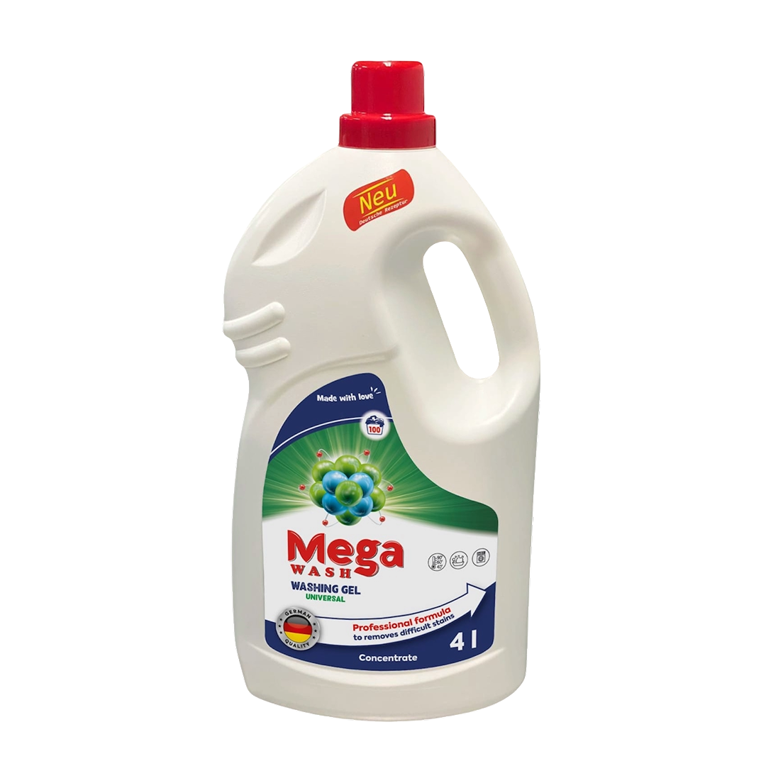 Mega Wash Universal 4L – Waschgel, Hersteller von Haushaltschemie, Großhandel Waschmittel Deutschland Österreich Schweiz, Alternative zu Ariel Persil Lenor