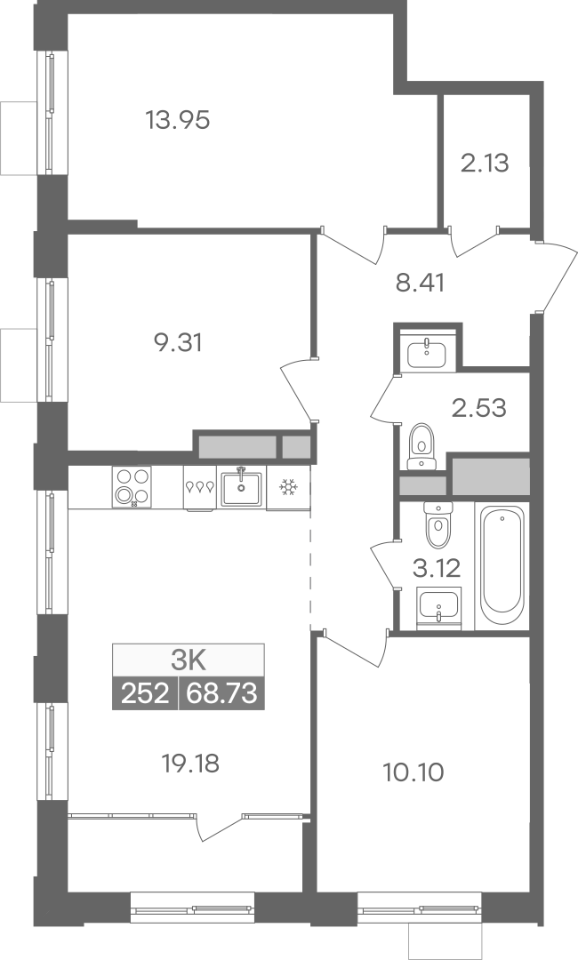 Планировка трехкомнатной квартиры 68.73 м² в ЖК Новая Жизнь