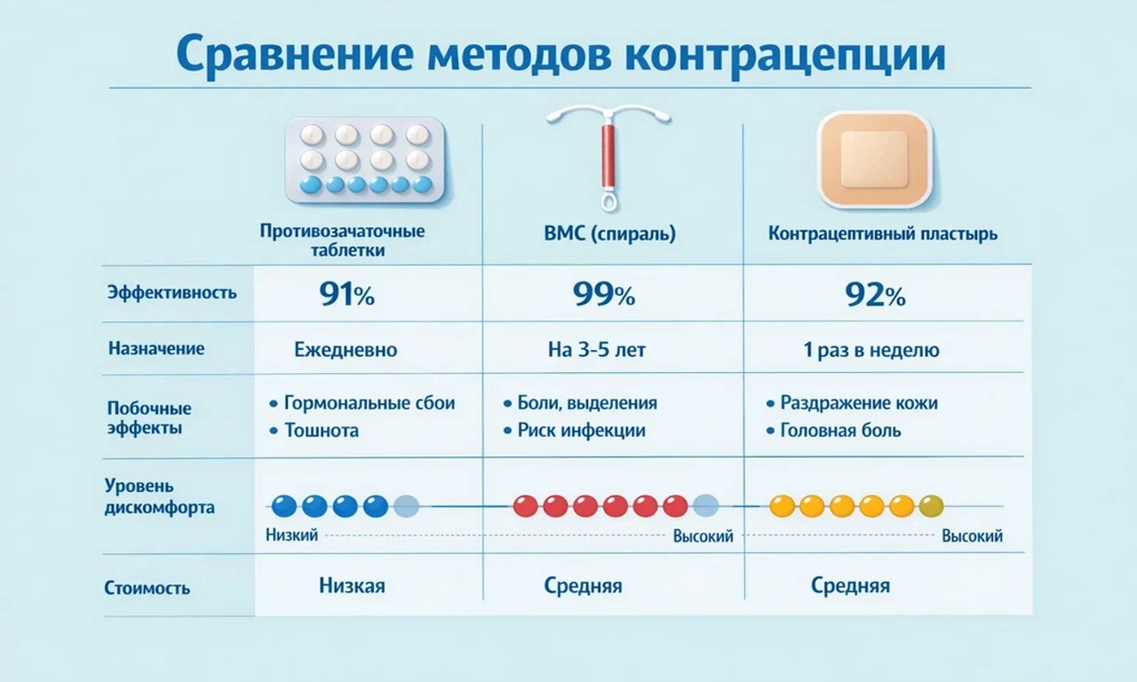 Инфографика: сравнение современных методов контрацепции и их эффективность