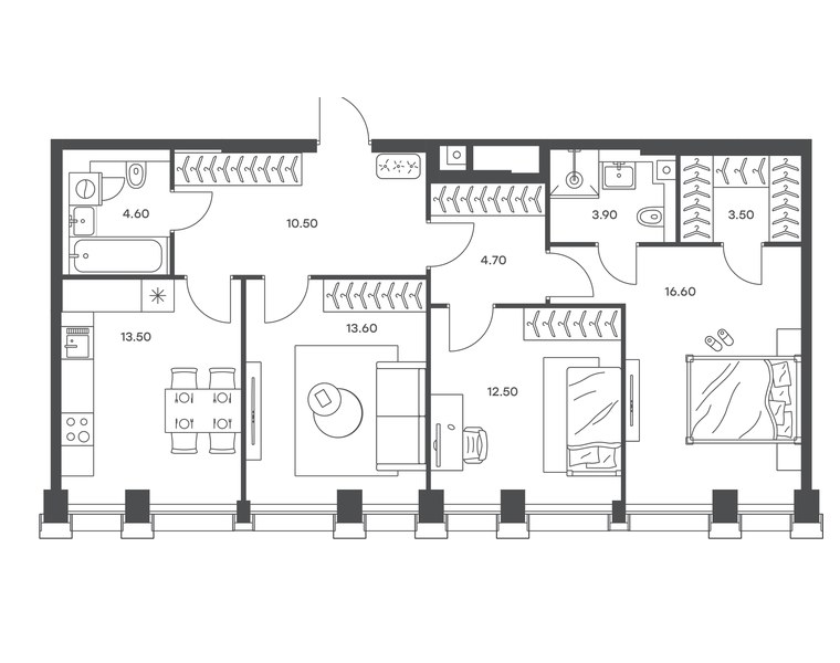 Планировка 3-комнатной квартиры 83,4 м² в ЖК «Инджой»: секция 3, 33-й этаж