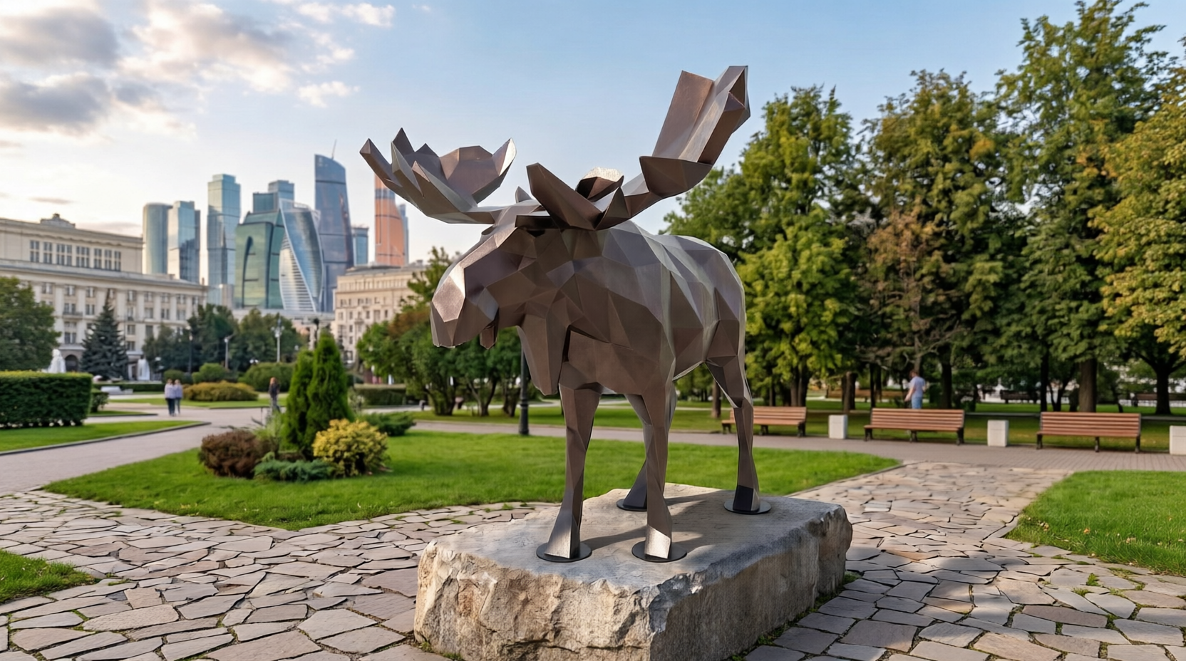 Металлическая low-poly скульптура лося из кортеновской стали