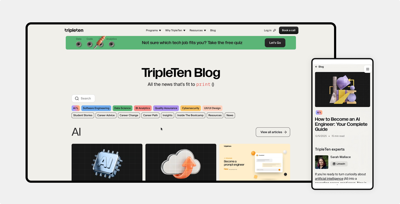 TripleTen Blog homepage with topic tags and an AI articles section, next to a mobile preview of the article &ldquo;How to Become an AI Engineer: Your Complete Guide&rdquo; by Sarah Wallace
