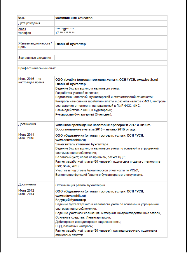Образец заполнения резюме для работы. Как писать резюме бухгалтера образец.