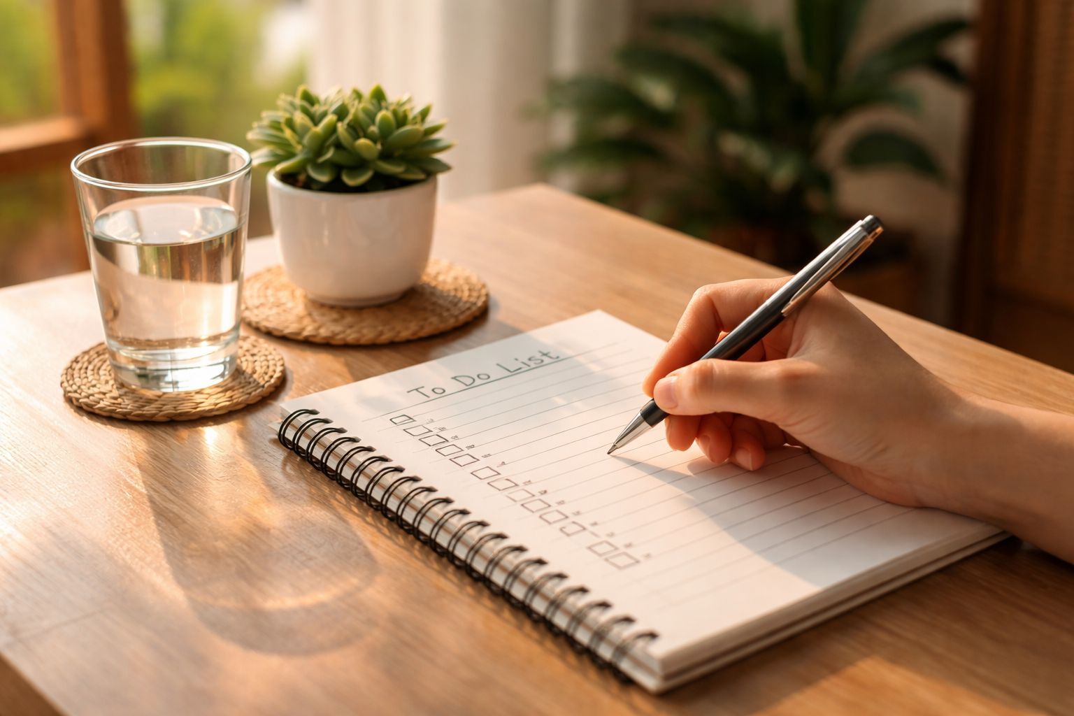 Tangan menulis daftar tugas di notebook sebagai ritual menutup sesi fokus 30 menit dan mencatat progres kerja