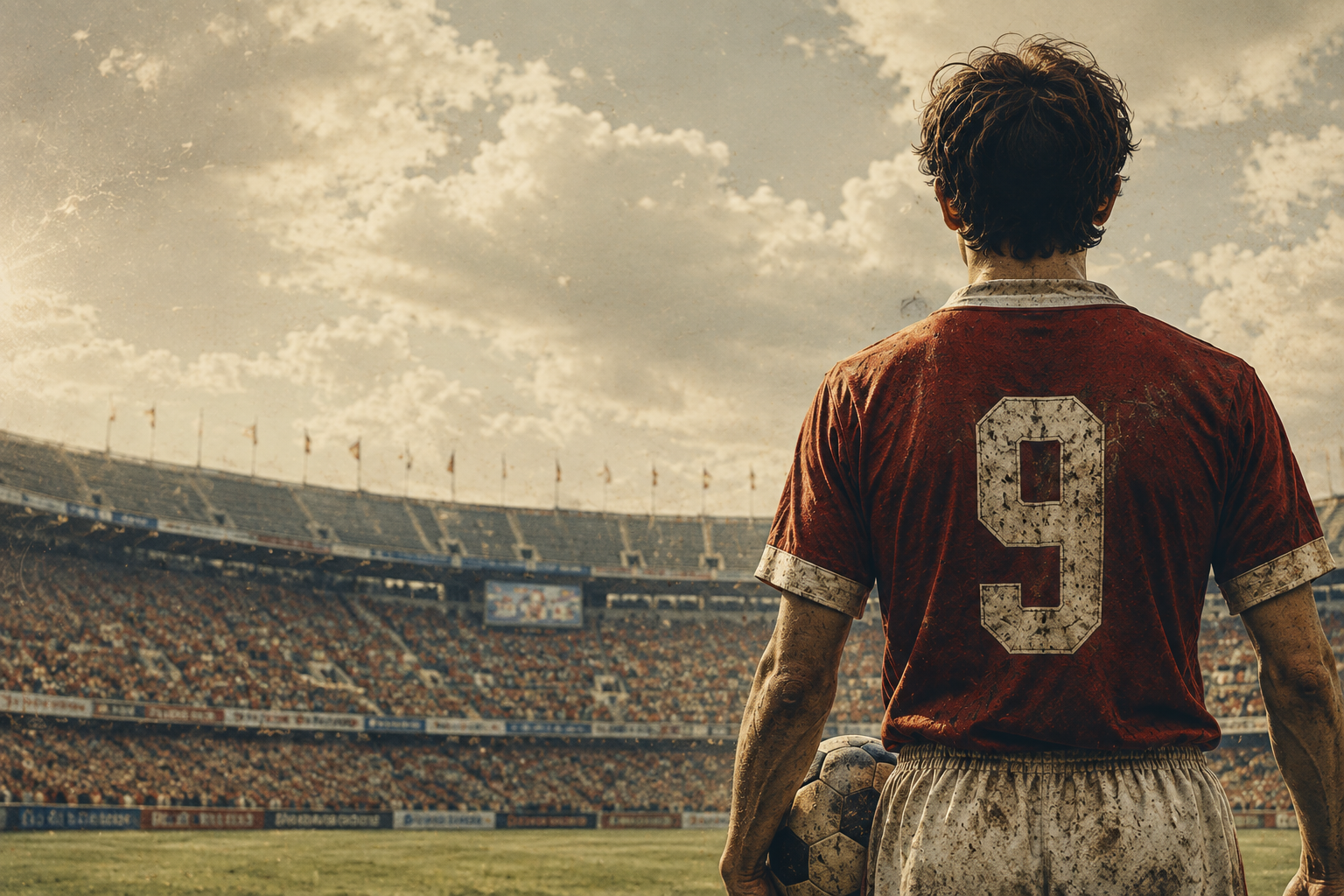 Футболист со спины с номером 9 на фоне стадиона