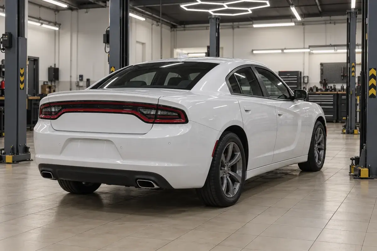 Иллюстрация: белый Dodge Charger, вид сзади