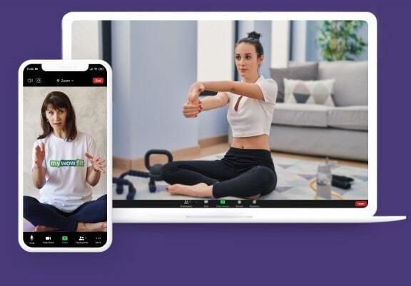 Woman doing elbow stretch at home with online coach