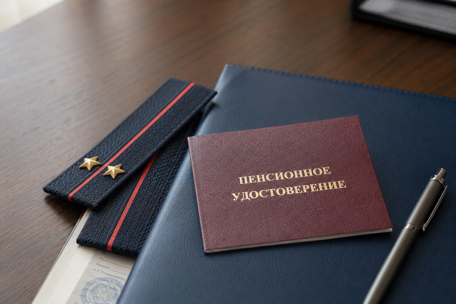 Военное пенсионное удостоверение и погоны на рабочем столе