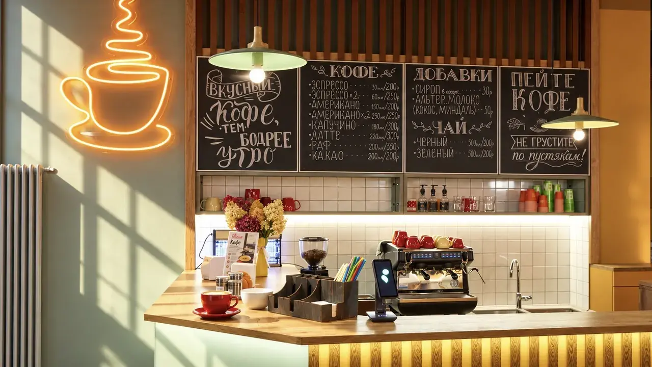 Coffee bar at the Volga hotel: a neon cup sign, an espresso machine and chalkboard menus