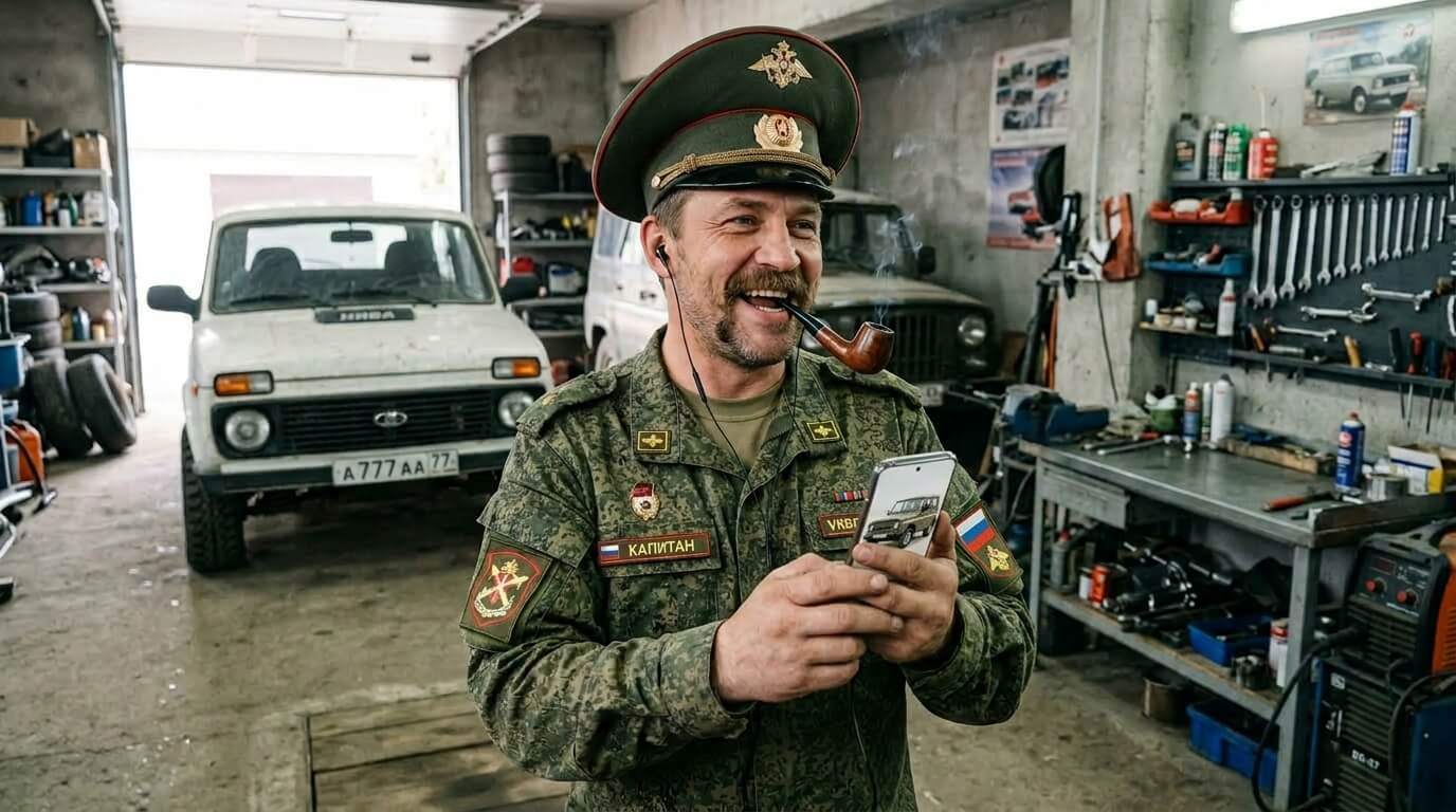 Военный слушает песню на свой юбилей в гараже