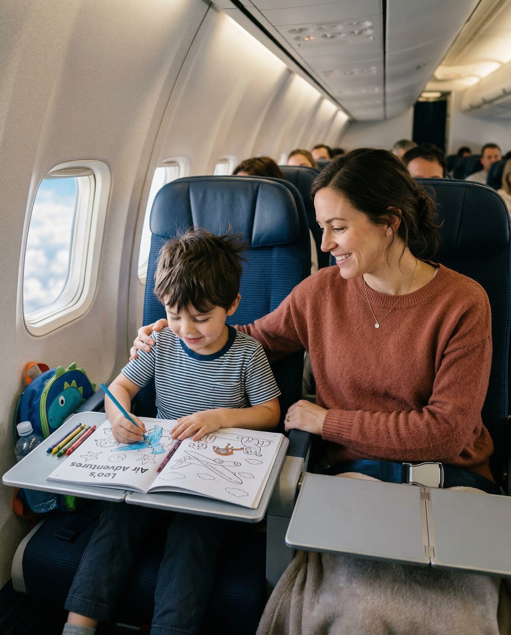 Мама с ребенком раскрашивают книжку в самолете — полезные занятия для маленьких пассажиров во время длительного перелета.