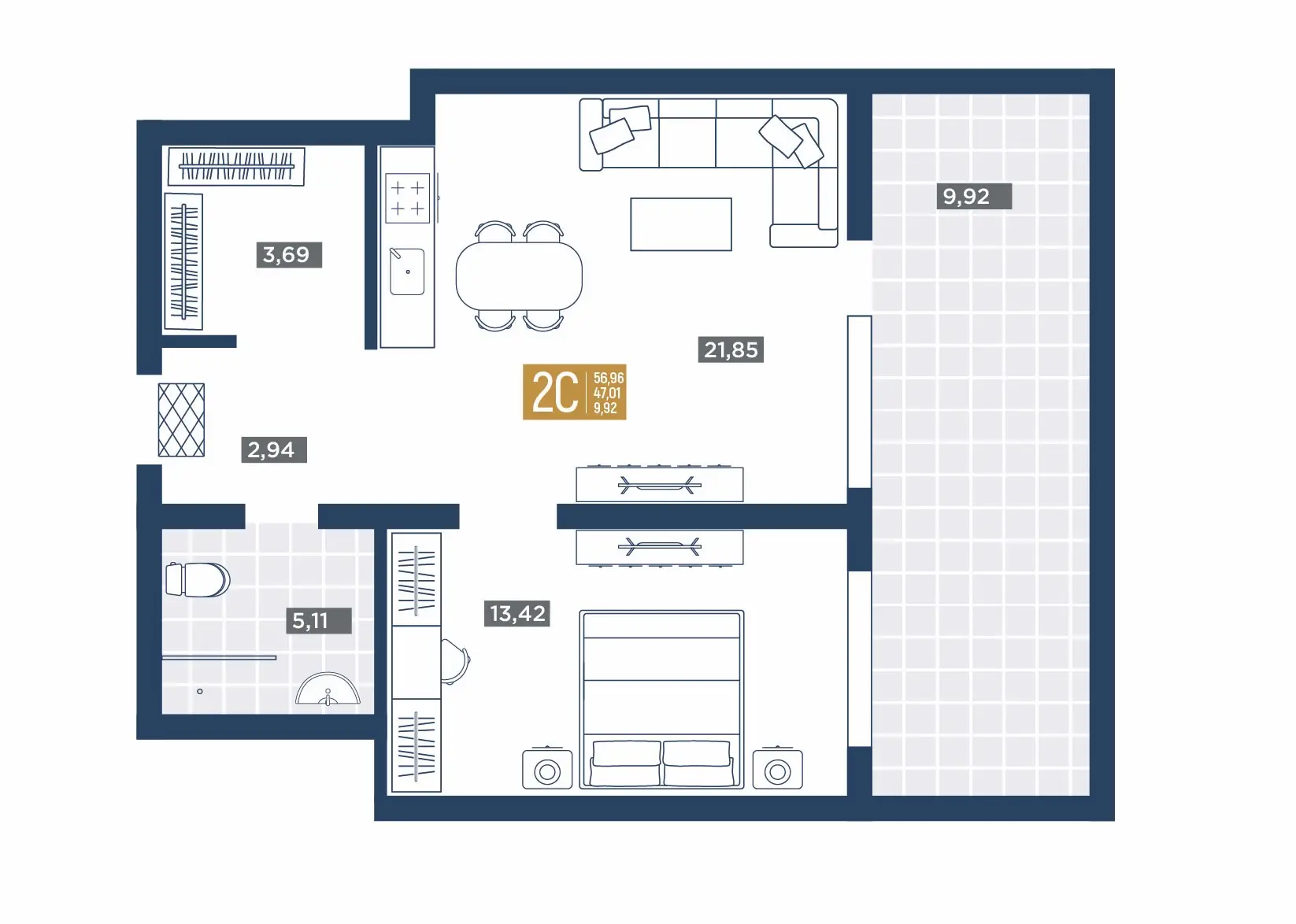 2-комнатный 56,96 м²