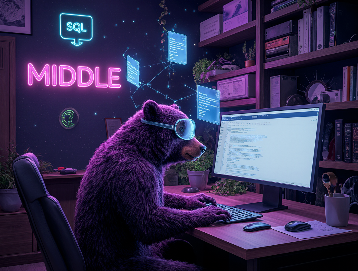 Медведь за рабочим местом с кодом и неоновыми элементами SQL