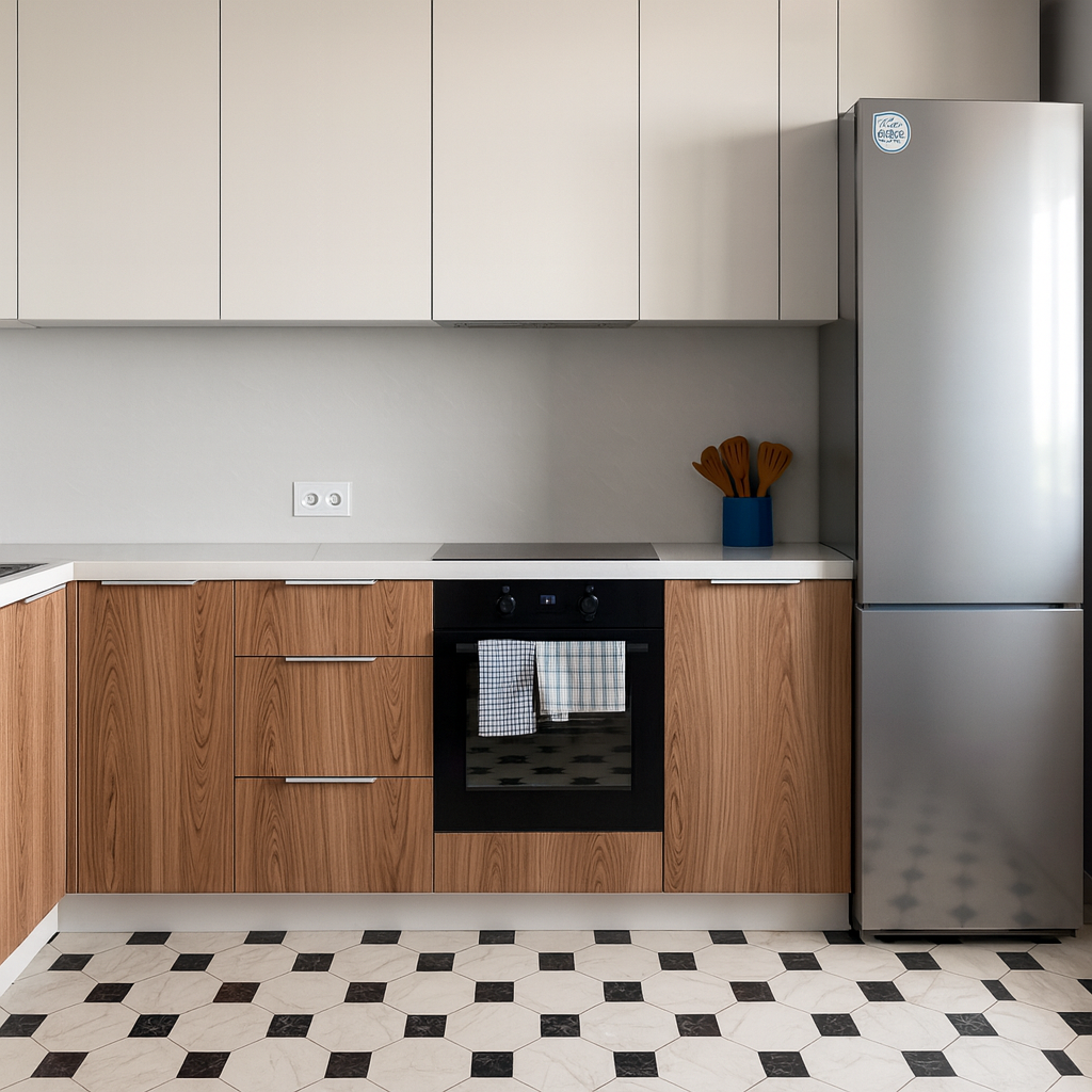 Кухня: фасады низ — натуральный шпон, фасады верх — эмаль