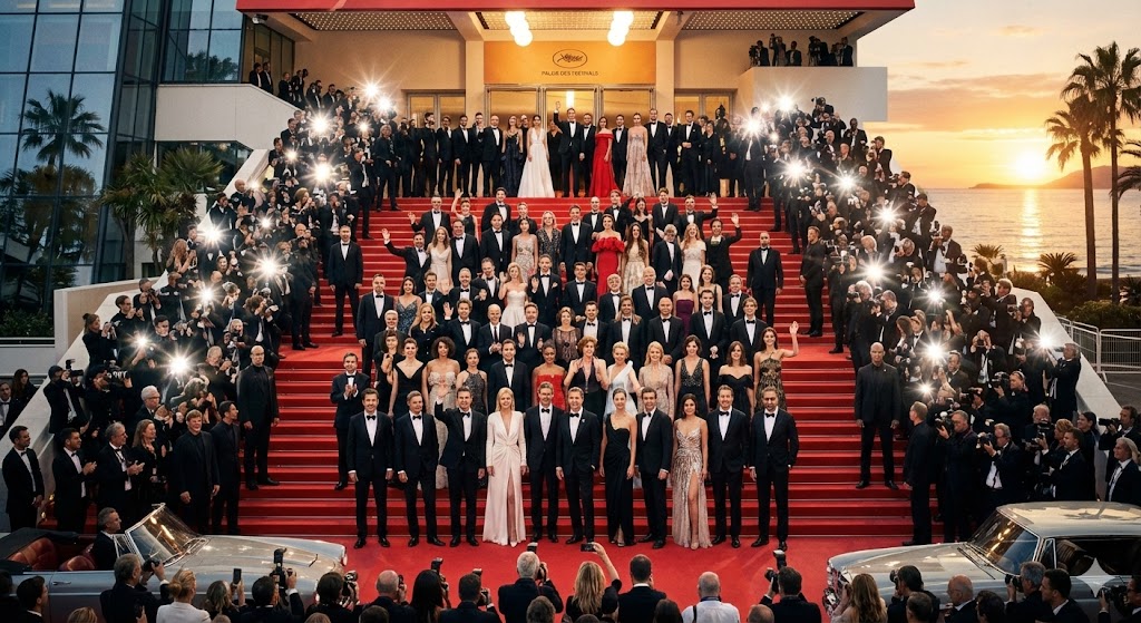 Знаменитая красная лестница Дворца фестивалей в Каннах во время премьеры фильма