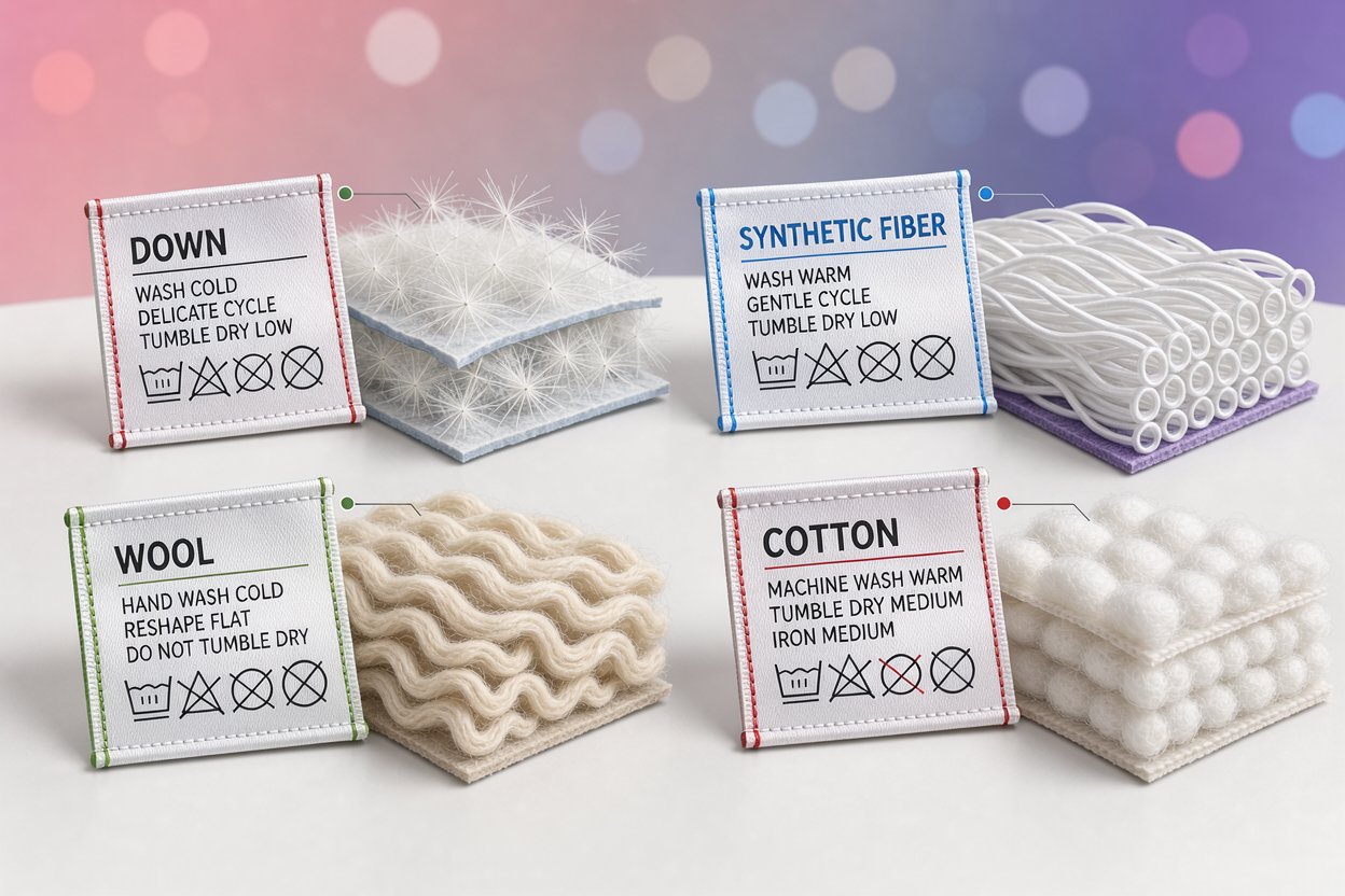 close-up of various blanket care labels laid out next to schematic cross-sections of different fillings (down, synthetic fiber, wool, cotton), no brand names