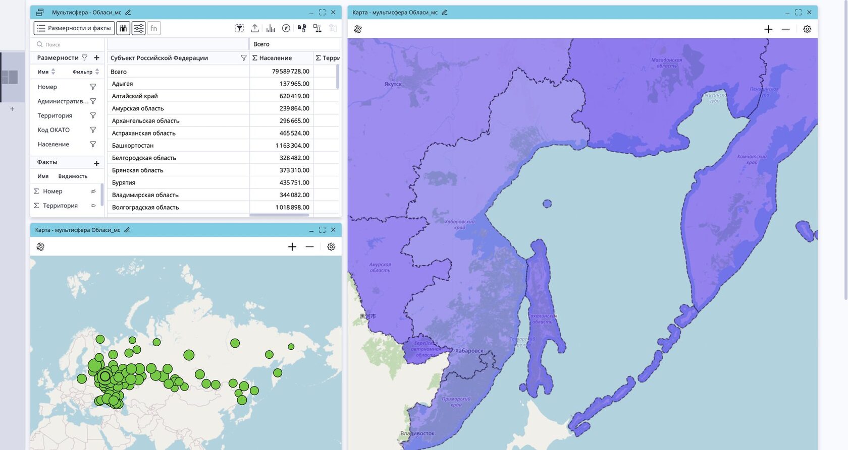 Карты Polymatica Analytics: показатель по регионам на полигонах и точечная карта