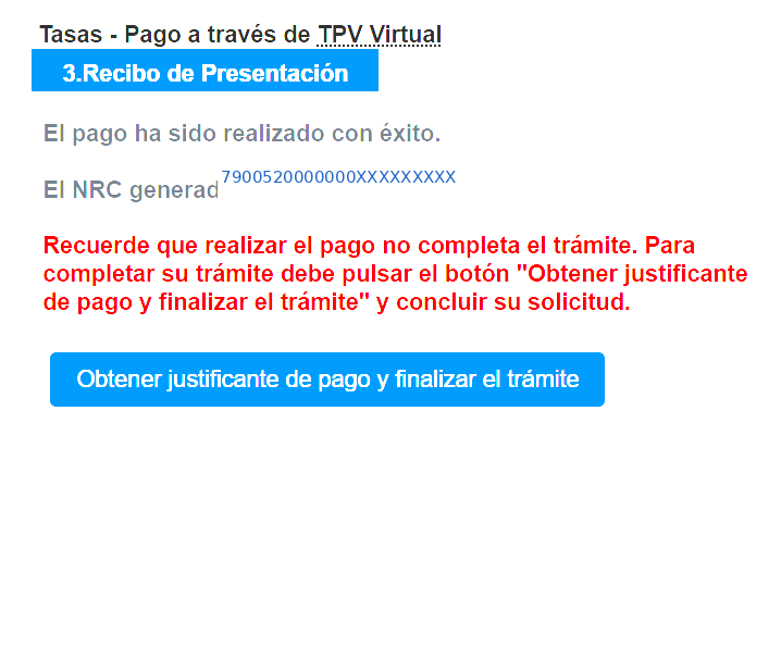 Pantalla NRC — El pago ha sido realizado con éxito