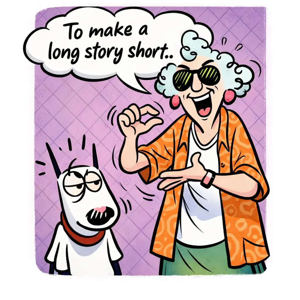 Мультяшная иллюстрация: женщина увлечённо рассказывает историю своей собаке, а над ней облачко с фразой «To make a long story short».
