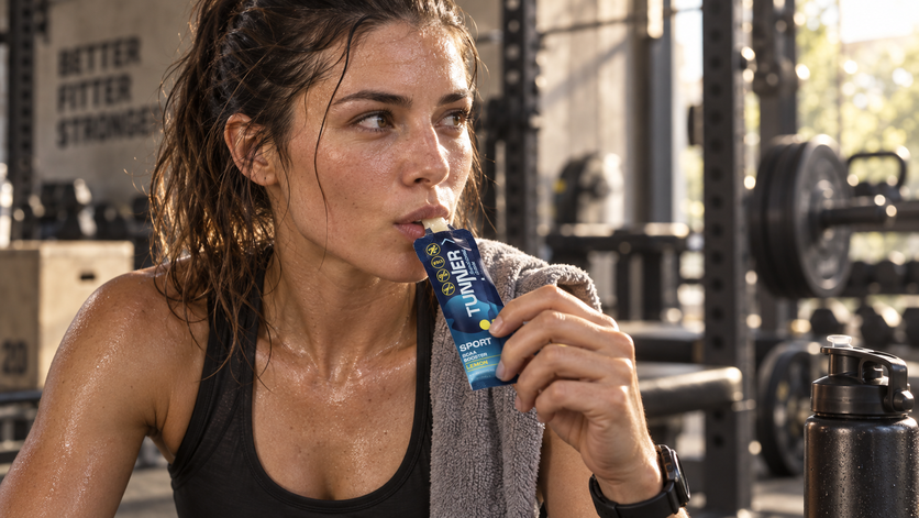 Девушка принимает жидкий стик TUNNER SPORT BCAA со вкусом лимона в тренажёрном зале