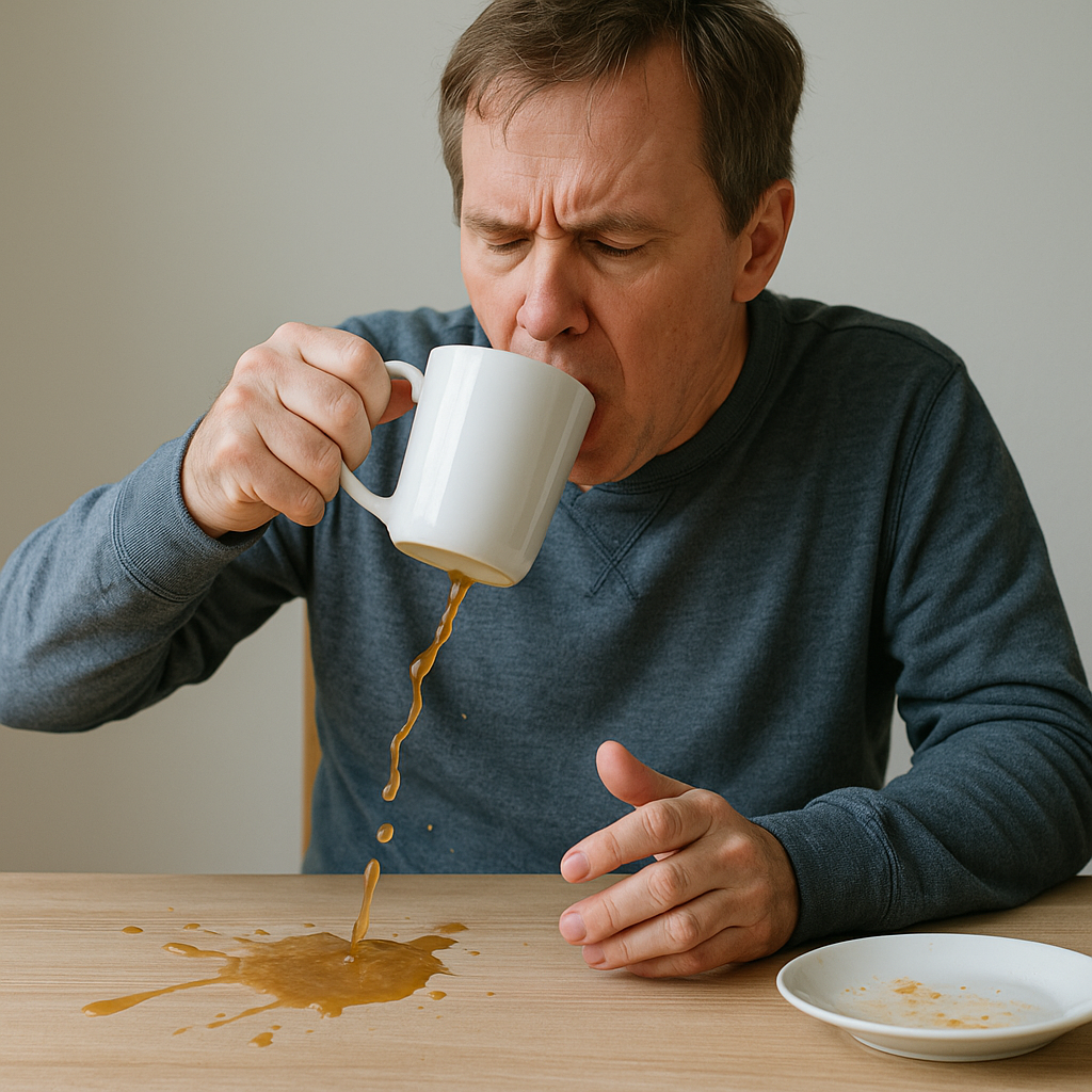 Пациент с тремором при рассеянном склерозе не может удержать чашку из-за дрожания руки