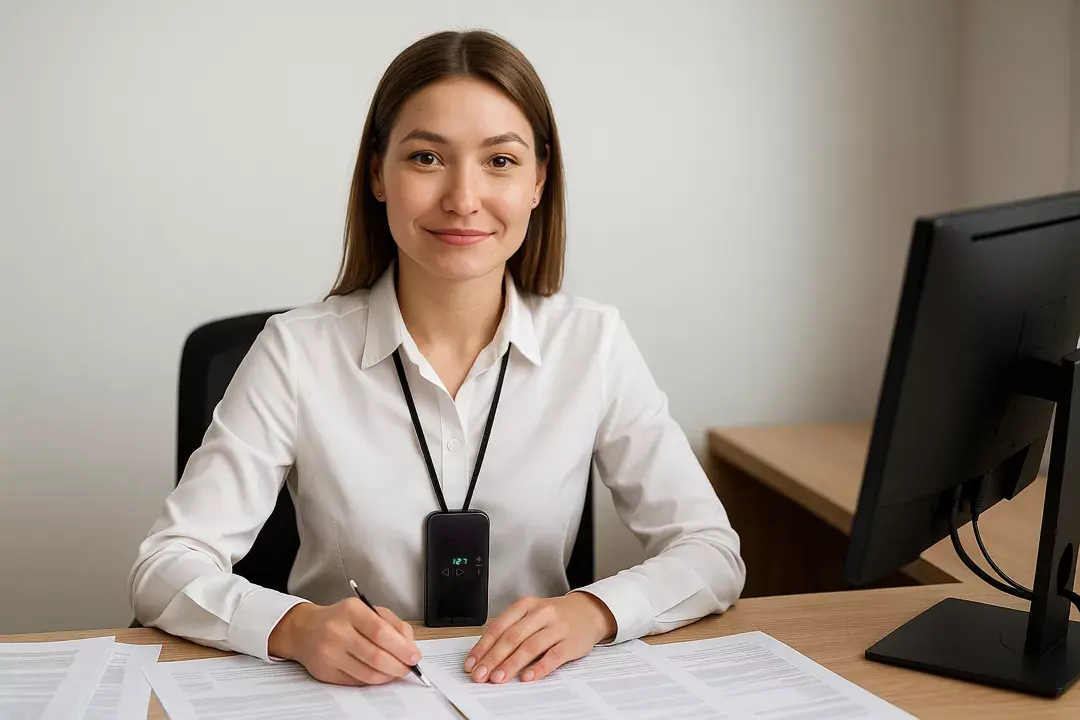 Офисный сотрудник девушка с прибором БРТ Life Balance