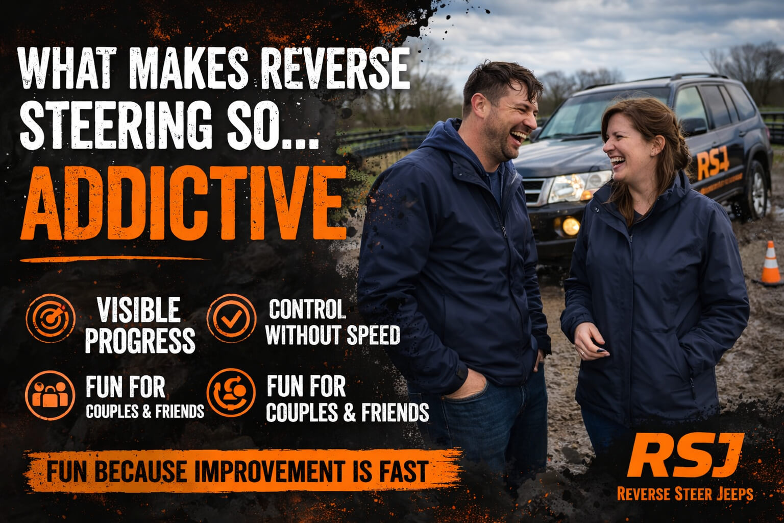 Two adults smiling beside a reverse steer jeep on an Irish outdoor track with tyre barriers and cones