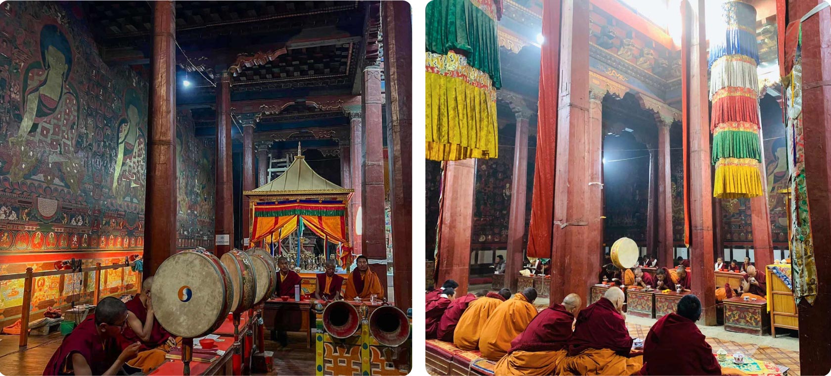 Внутренний зал дукханга монастыря Тубчен Гомпа в Ло-Мантанге: монахи во время службы, колонны, алтарное пространство и настенные росписи школы сакья